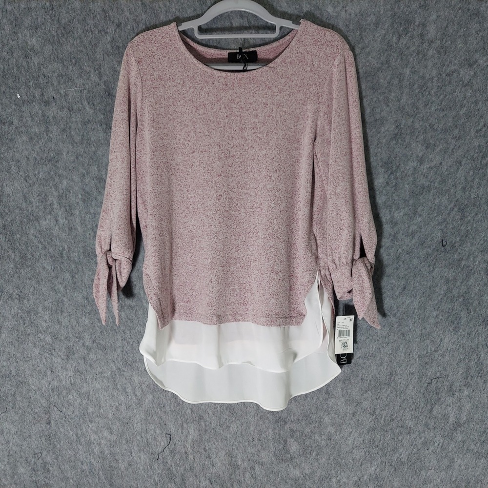 BCX Women Layered Mixed Media Top M Burgundy Knit Feminine Tie Sleeve Pullover